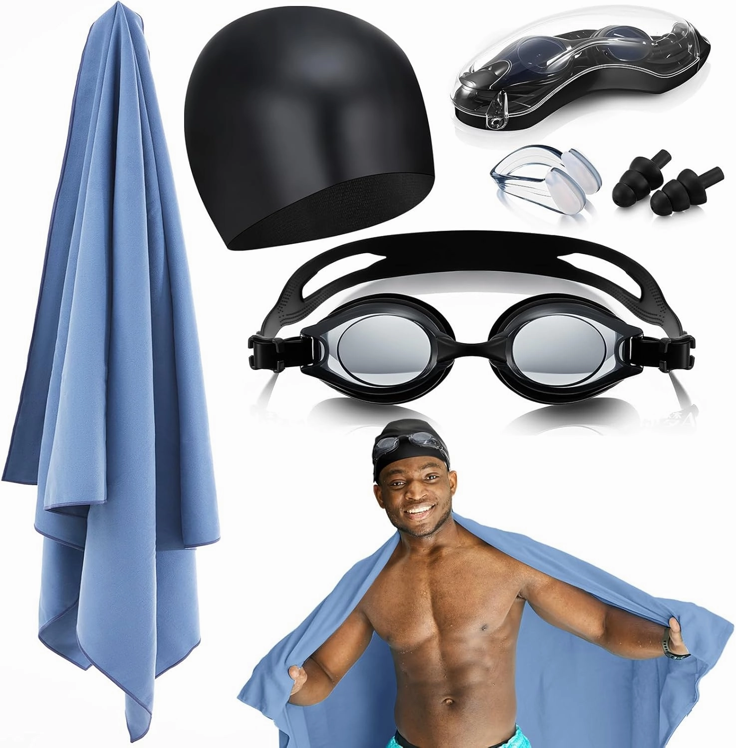 5 in 1 Swimming Set for Men, Swimming Kit Includes Swim Goggles, Nose Clip, Earplugs, Swim Cap, Quick Dry Towel, Father's Day Birthday Gifts from Daughter, Son, Wife
