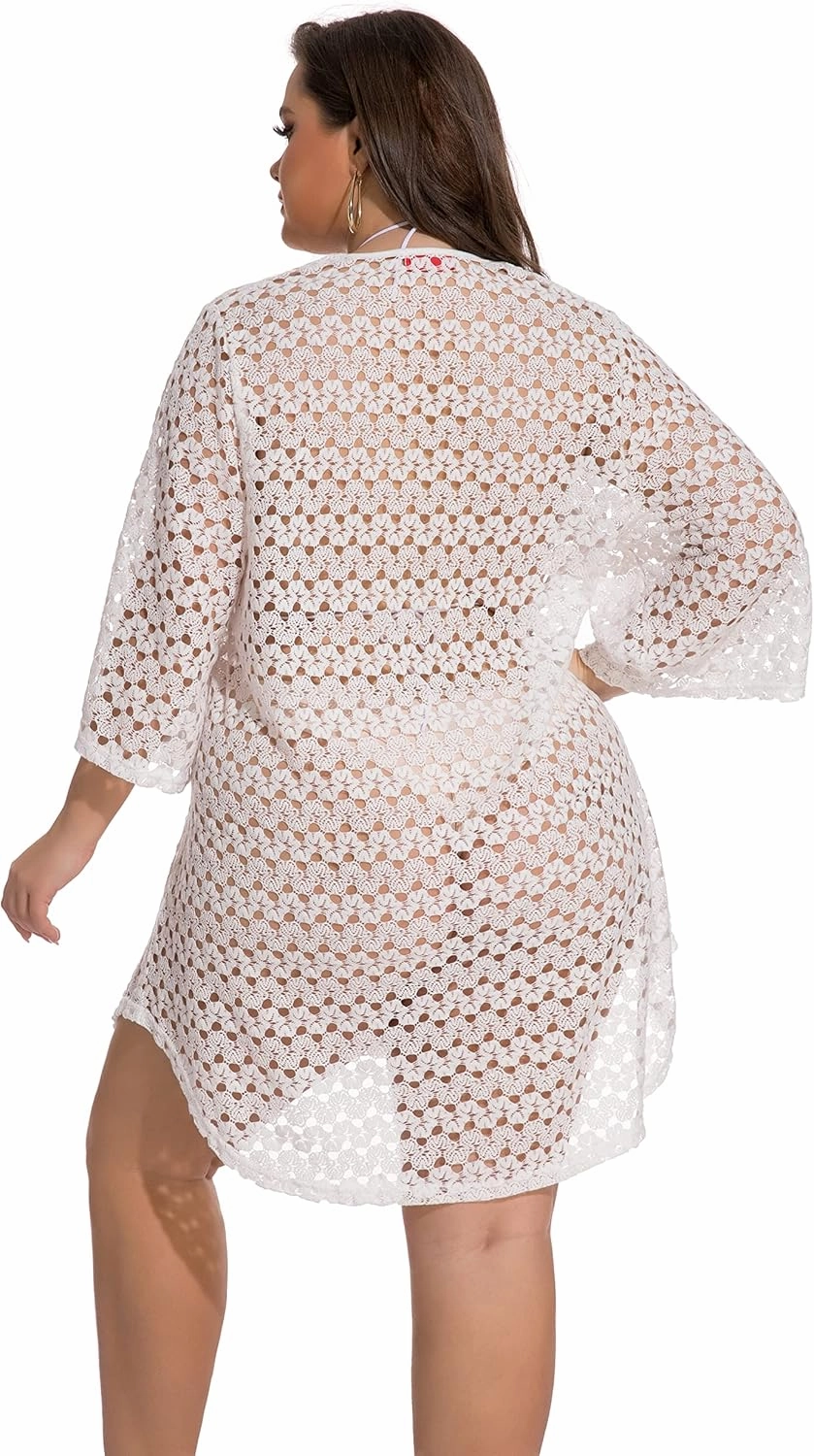 840 - Crochet Fishnet Lace Plus Size Beach Swim Cover Up Top Summer Dress
