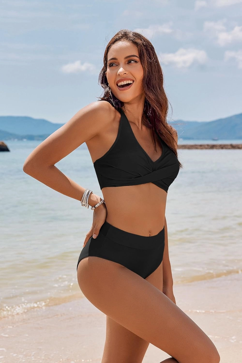 AI'MAGE Women's High Waisted Bikini Sets Tummy Control Swimsuits 2025 Two Piece Bathing Suits Color Block Halter Swim Suits
