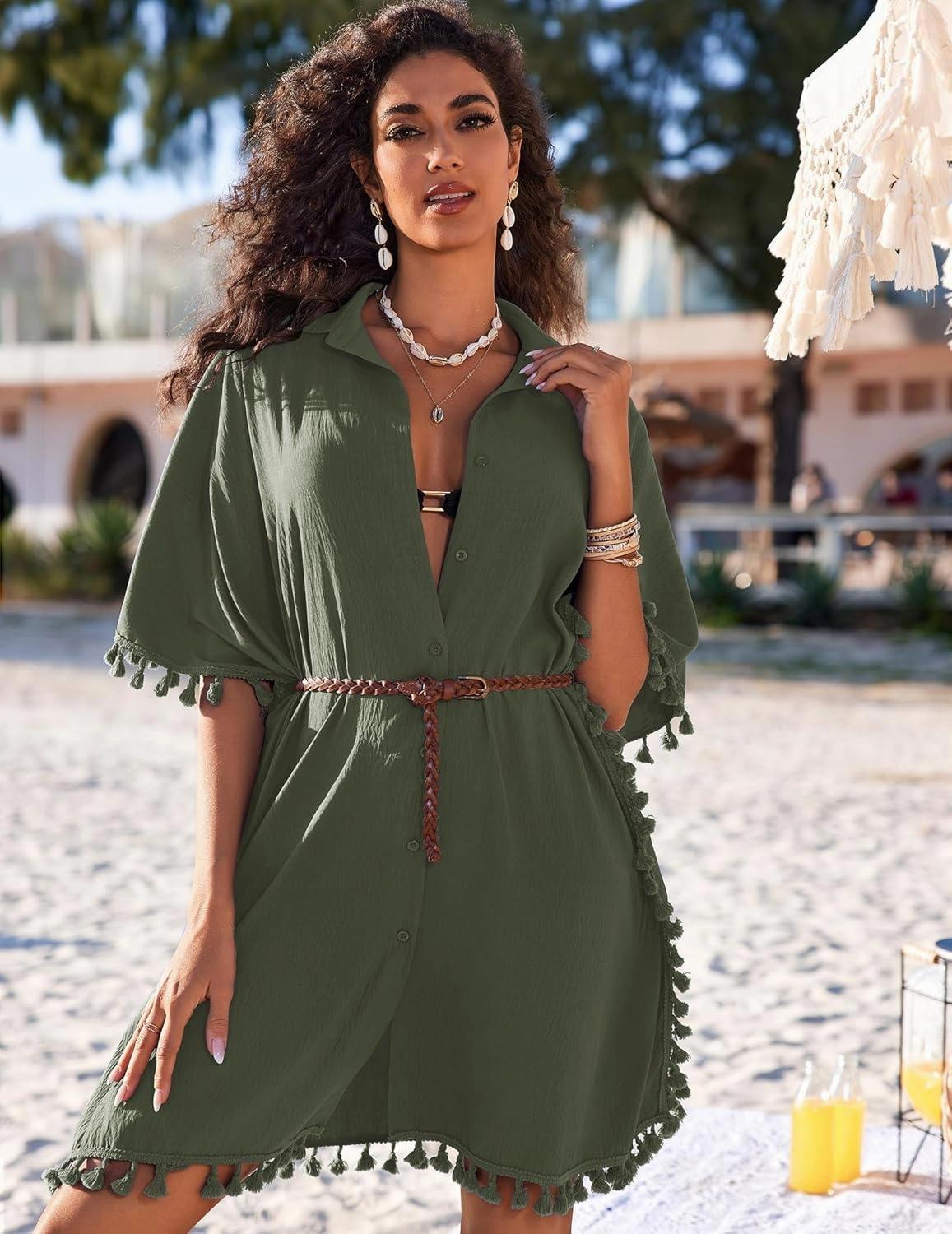 AI'MAGE Women's Swimwear Cover Ups 3/4 Sleeve Beach Coverup with Tassel Button Down Oversized Swimsuit Cover Up Shirt S-3XL