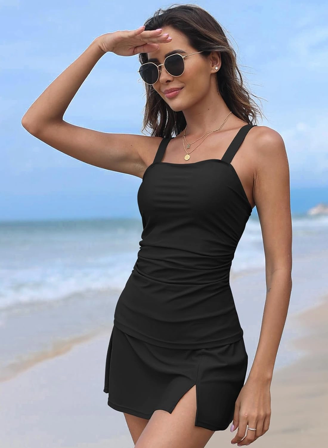 Aleumdr Women Vintage Tummy Control Two Piece Tankini Swimsuits Swimdress Push up Swimwear Bathing Suits
