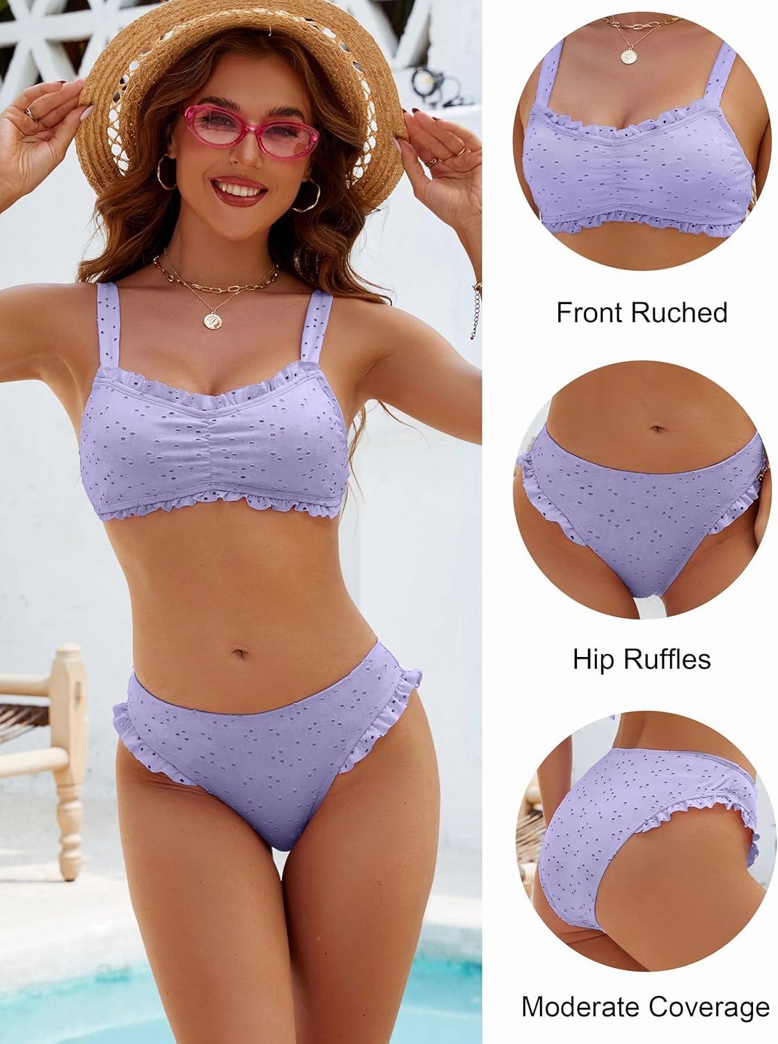 Blooming Jelly Bikini Sets for Women Ruched Bandeau Ruffle High Cut Eyelet Swimsuit 2 Piece Adjustable Strap Bathing Suits