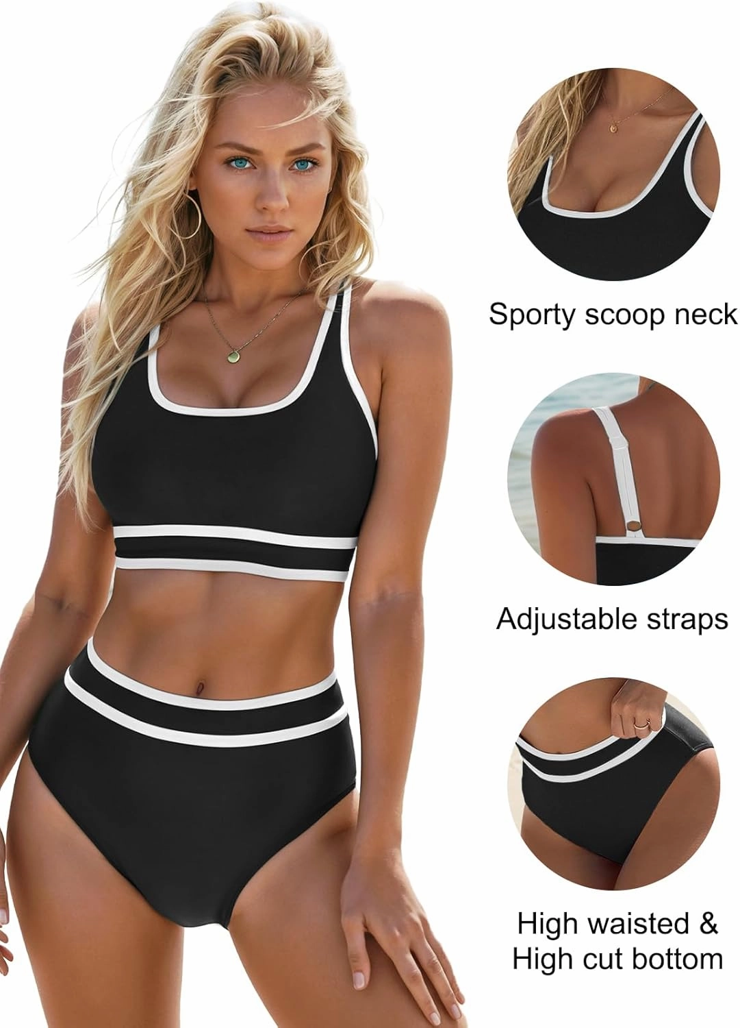 Blooming Jelly Womens High Waist Bikini Sets Sporty Color Block Two Piece Swimsuits Scoop Neck Cheeky Bathing Suits