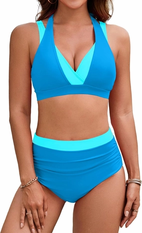 BMJL Women's High Waisted Bikini Sets Tummy Control Swimsuits Two Piece Color Block Modest Bathing Suit