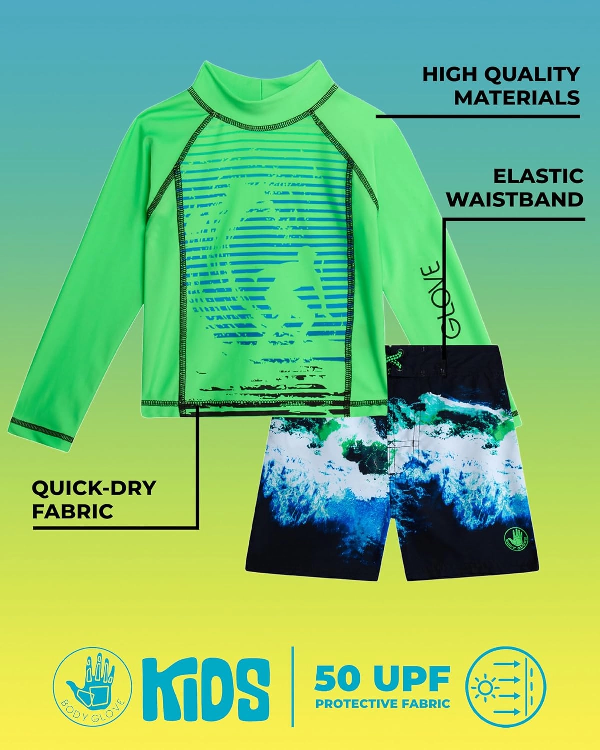 Body Glove Toddler Boys Swim Set - 2 Piece UPF 50  Quick Dry Swim Trunks and Rash Guard for Boys Kids Swimwear (Sizes: 2T-4T)