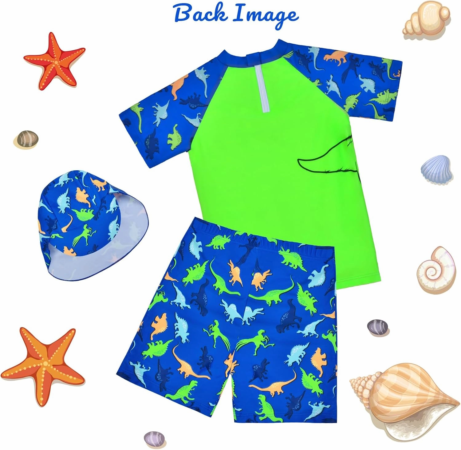 Boys Two Pieces Swimsuit Set Short Sleeve Kids Rash Guard Dinosaur Boys Bathing Suit with Sun Cap for 2-6 Years