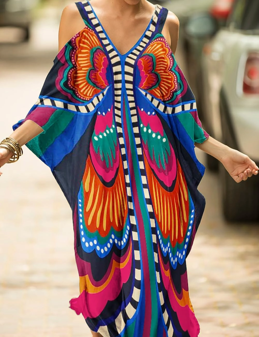 Bsubseach Turkish Cold Shoulder Kaftan Dresses Swimsuit Cover Up Maxi Dress Beach Cover Ups