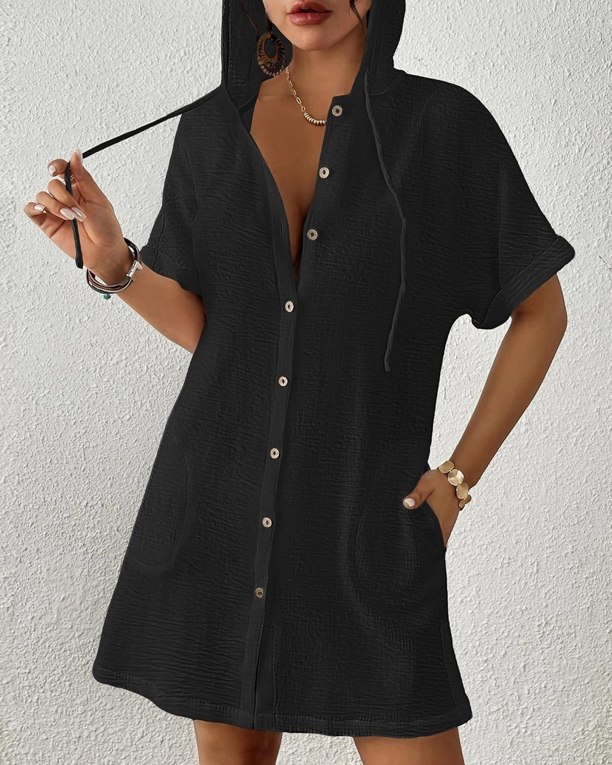 Bsubseach Womens Swimsuit Cover Up Shirt Button Down Short Sleeve Bathingsuit Coverups Hooded Beach Coverup With Pockets