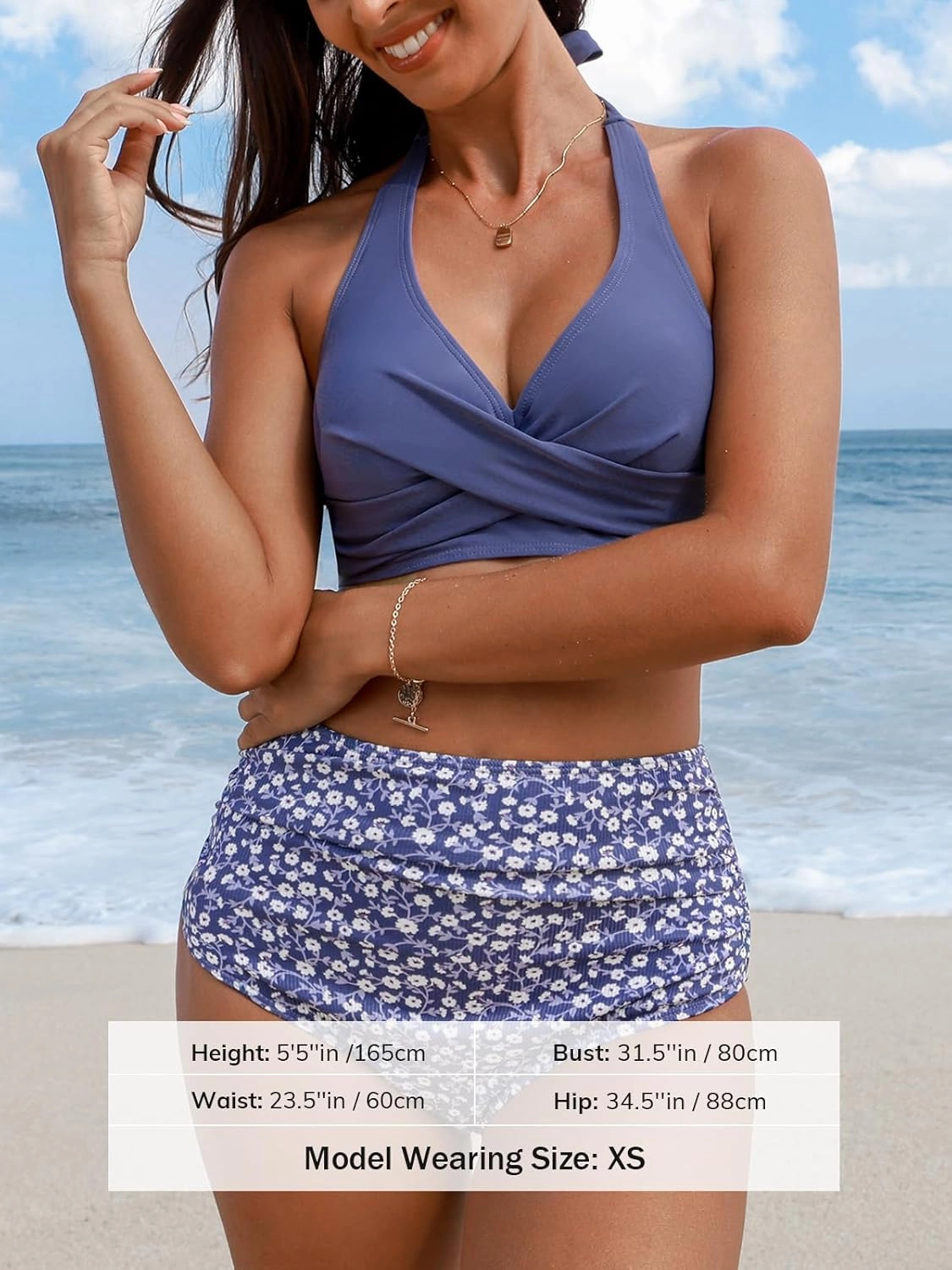 CUPSHE Women's Bikini Sets Two Piece Bathing Suit High Waisted V Neck Halter Front Twist Back Hook Textured