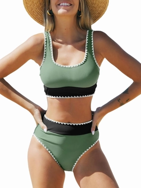 CUPSHE Women's Bikini Sets Two Piece Swimsuit Scoop Neck Tank Wide Straps Midkini Stitching