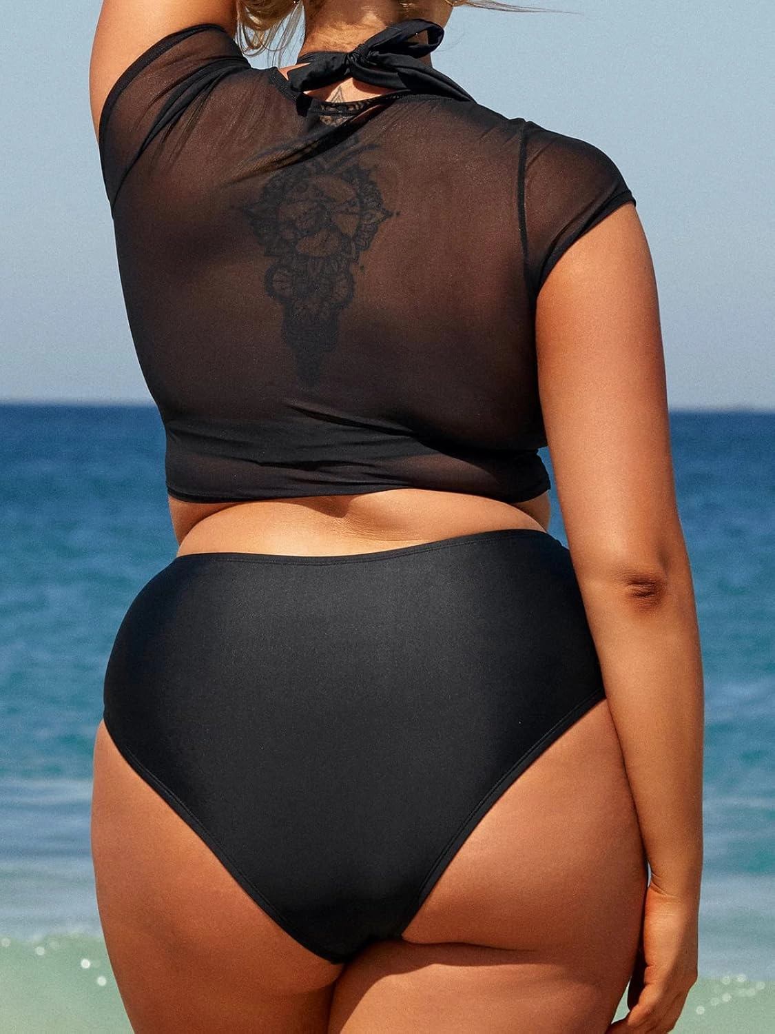 CUPSHE Women Swimsuit Plus Size Bikini Set Three Piece High Waisted Sheer Mesh Top Halter Ruched Bottom