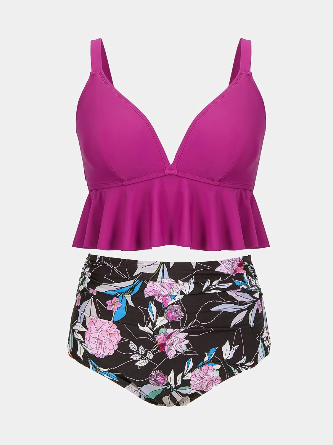 CUPSHE Women Swimsuit Plus Size Bikini Set Two Piece Bathing Suit V Neck High Waisted Flowy Ruffle Hem Floral