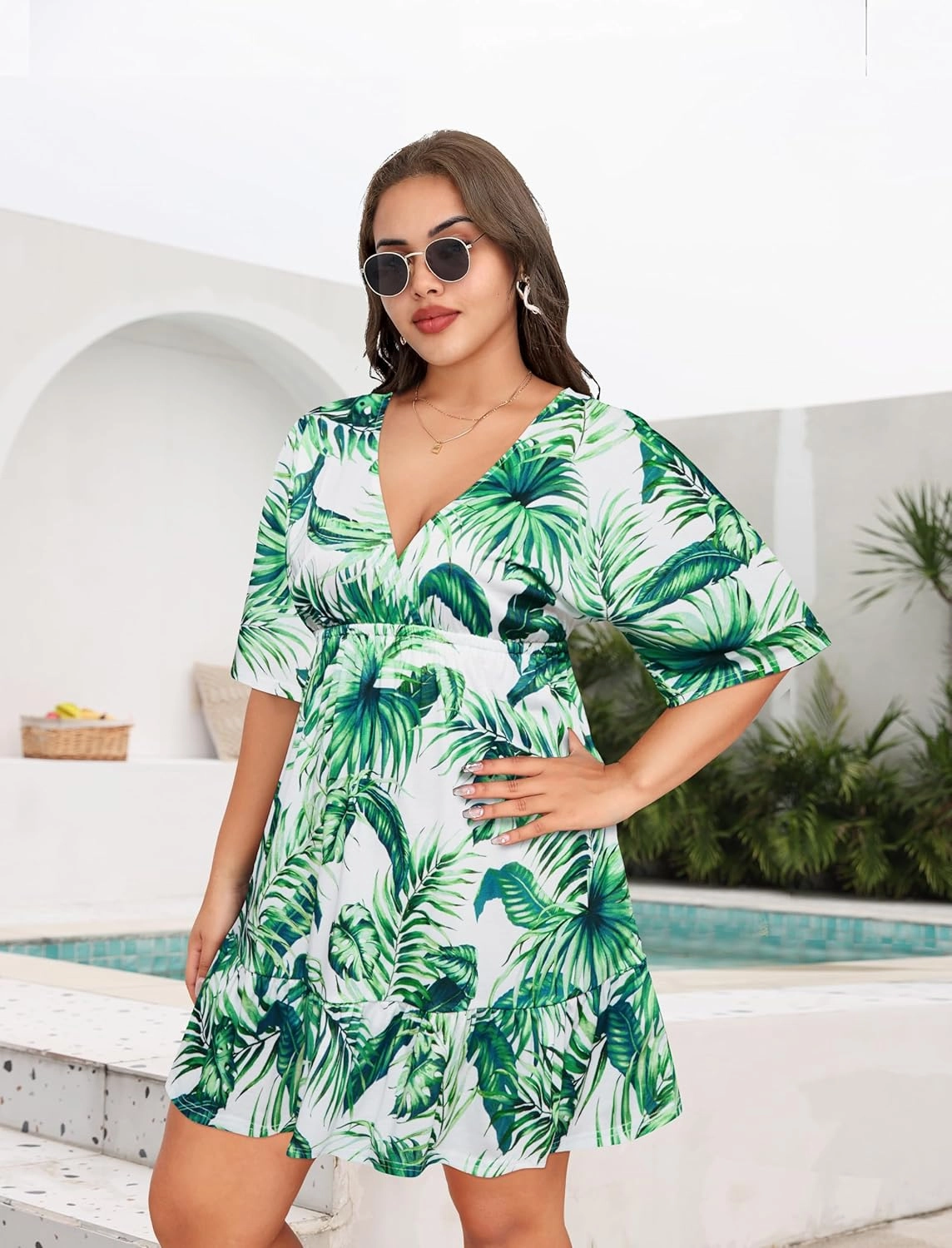 Daci Plus Size Swimsuit Cover Ups - V Neck Bathing Suit Women Short Sleeve Beach Dress
