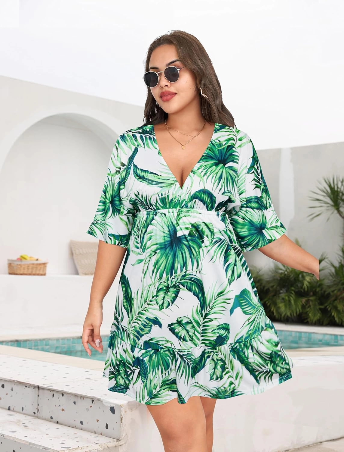 Daci Plus Size Swimsuit Cover Ups - V Neck Bathing Suit Women Short Sleeve Beach Dress