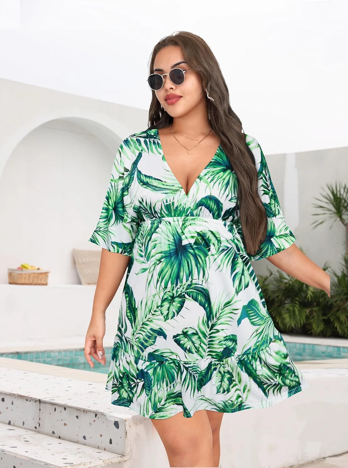 Daci Plus Size Swimsuit Cover Ups - V Neck Bathing Suit Women Short Sleeve Beach Dress