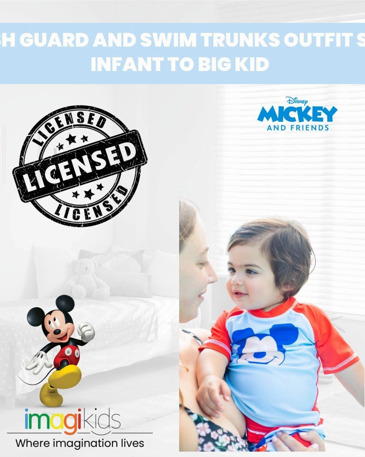 Disney Mickey Mouse Surfboard UPF 50  Rash Guard Shirt & Swim Trunks Outfit Set Infant to Big Kid Sizes (12 Months - 14-16)
