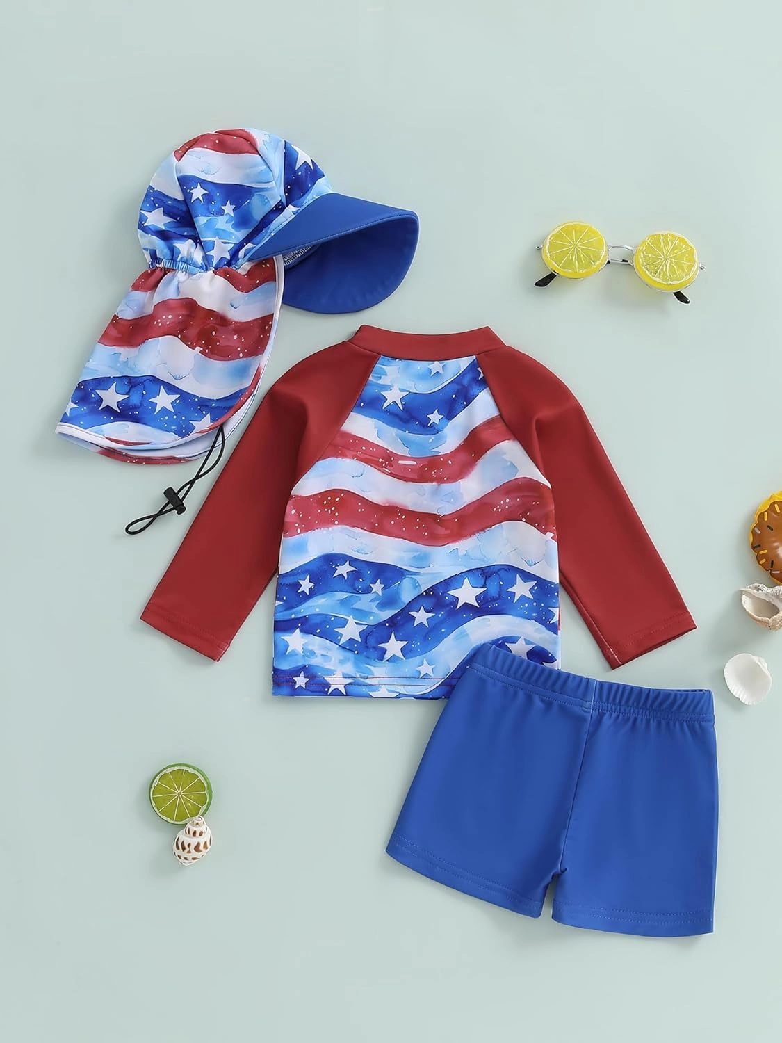 DuAnyozu Baby Boys Swimsuit Long Sleeve Rash Guard Swimwear Baby Boy Swim Trunk with Hat Toddler 4th of July Bathing Suit
