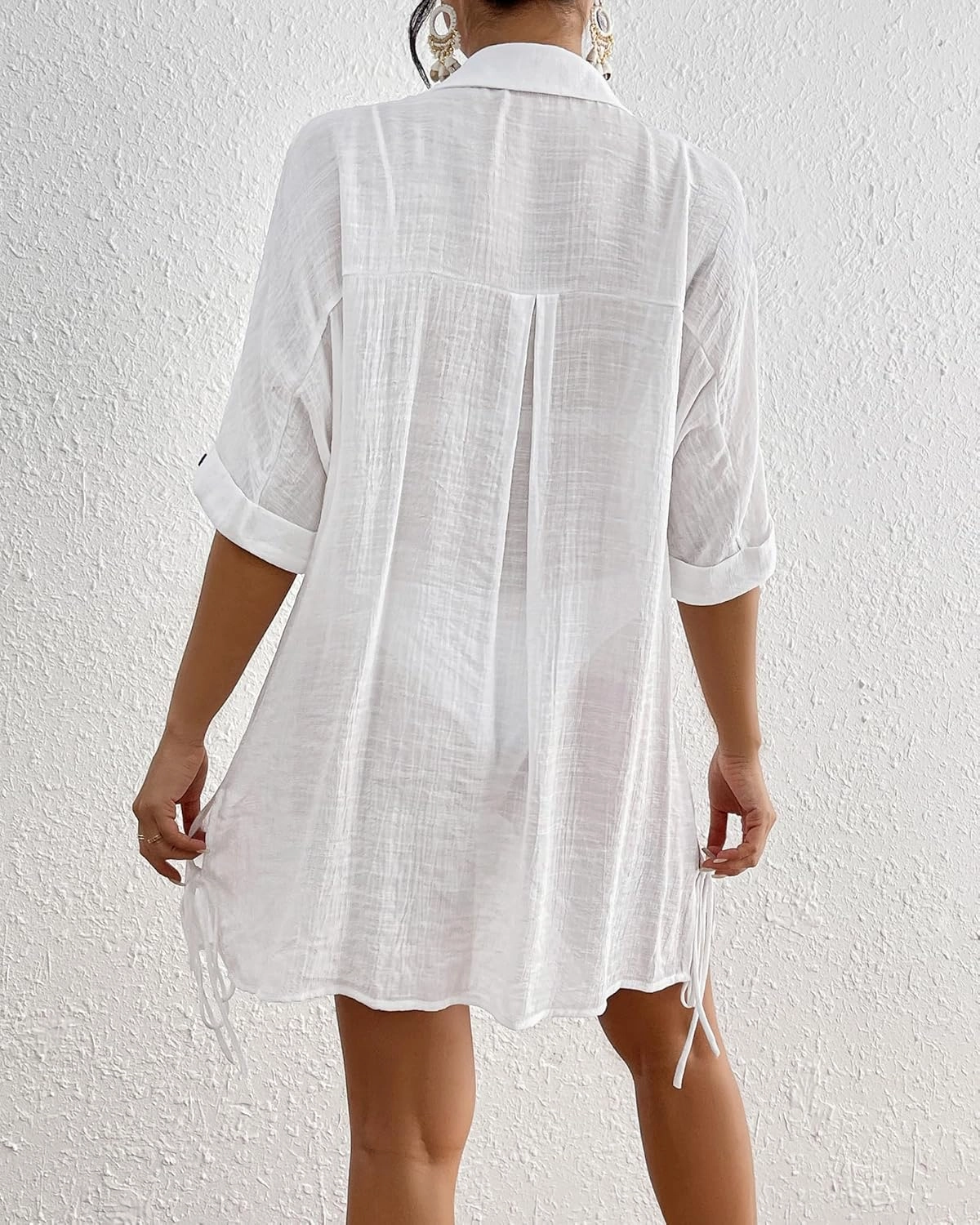 Eddoyee Womens Button Down Shirts V-Neck Long Sleeve Bikini Bathing Suit Cover Up Plus Size Causal Blouse Beachwear