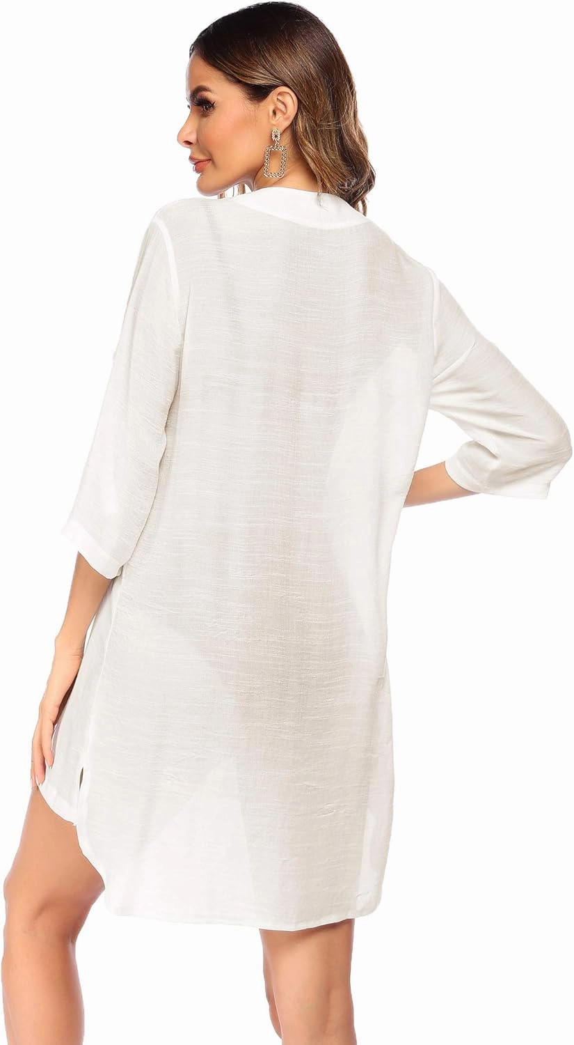 Ekouaer Bathing Suit Cover Up for Women V Neck Button Down Swimsuit Coverup Beach Dress Shirt S-3XL