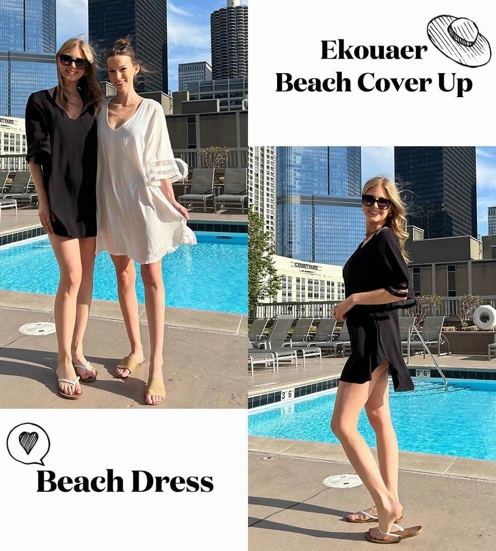 Ekouaer Women's Swimsuit Cover Up 3/4 Bell Sleeve Beachwear Coverups Deep V-Neck Bikini Beach Dress S-3XL