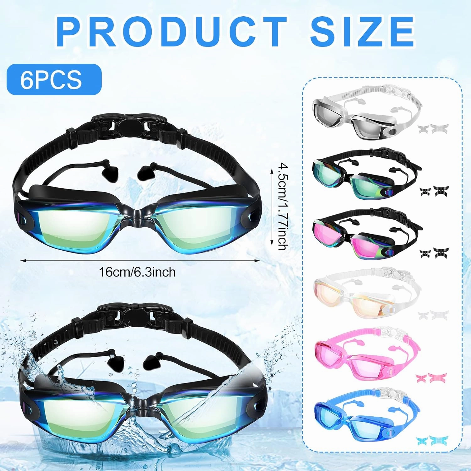 Fabbay 6 Pack Swim Goggles for Adult Anti Fog Swimming Glasses No Leaking Full Protection Pool Goggles for Women Men Youth