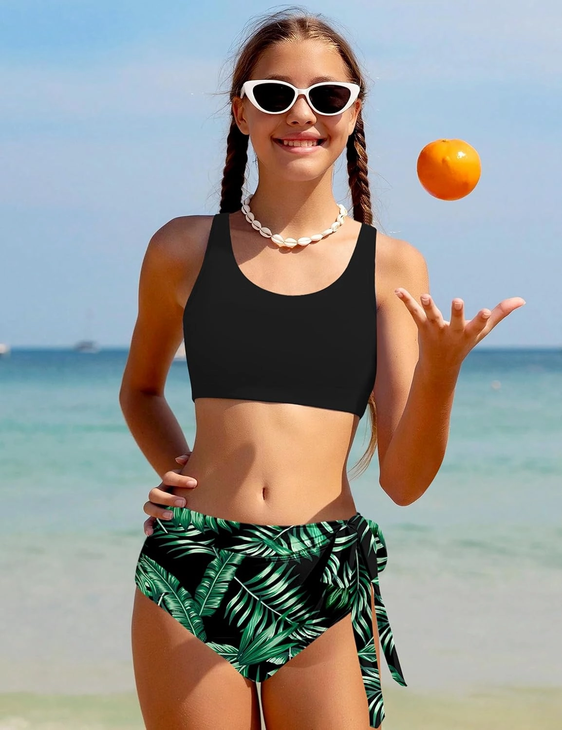 Girl Swimsuit Bikini Set Tropical Print Bathing Suit Two Piece Girls' Swimwear with Tie Side Knot 9-16T