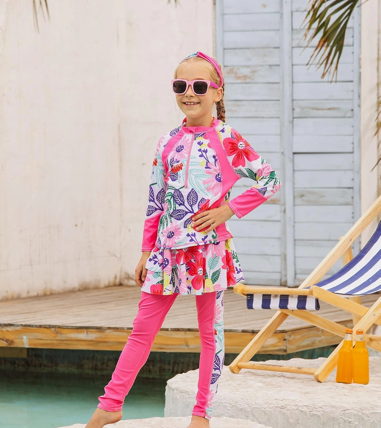 Girls Long Sleeve Rashguard Half Zip Swimsuits UPF 50  Two Piece Swim Sets with Hairband 5-12Y