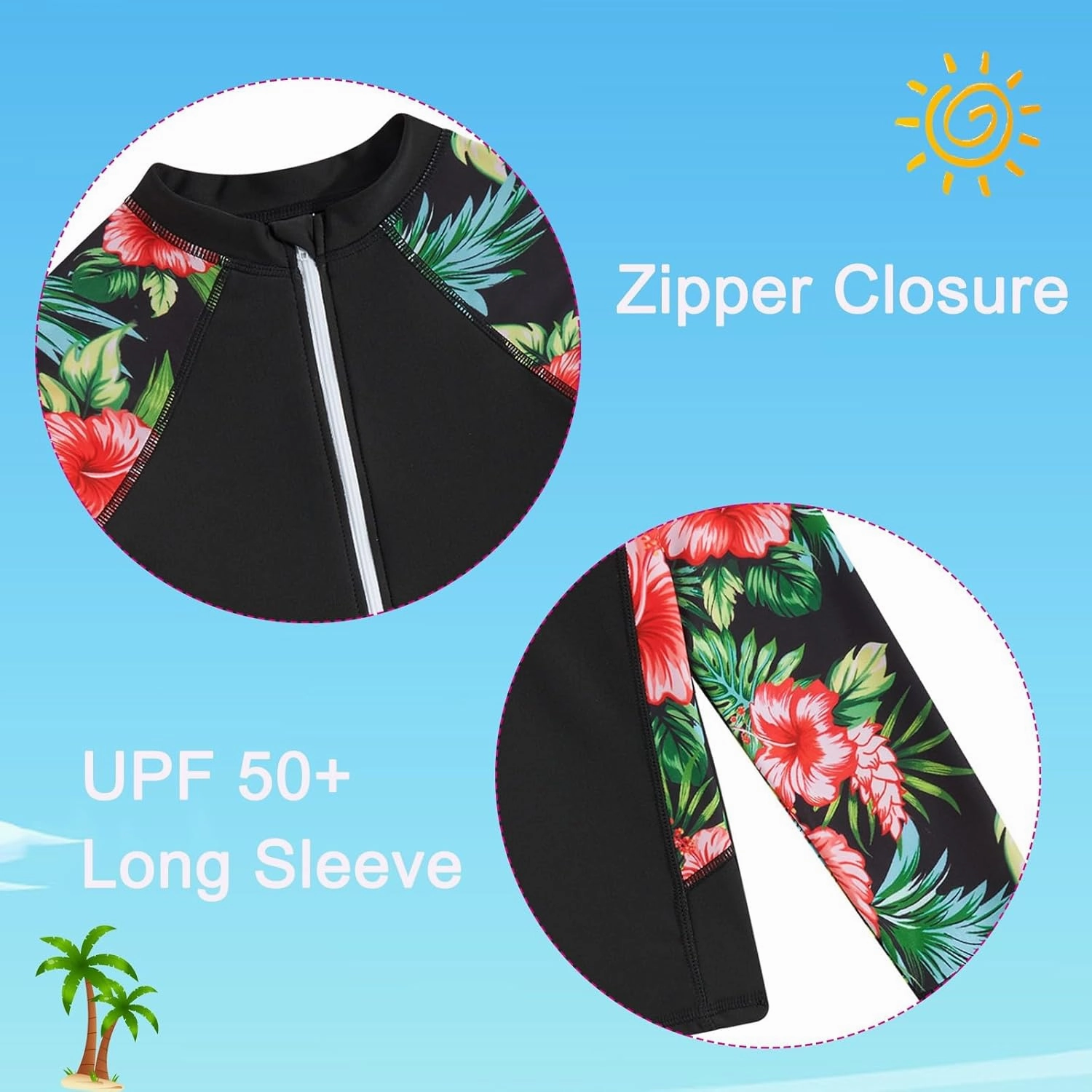 Girls Swimsuit 3-Piece Zipper Rash Guard UPF 50  Long Sleeve Skirt Set Bathing Suit Size 6-12 Years