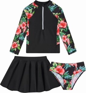 Girls Swimsuit 3-Piece Zipper Rash Guard UPF 50  Long Sleeve Skirt Set Bathing Suit Size 6-12 Years