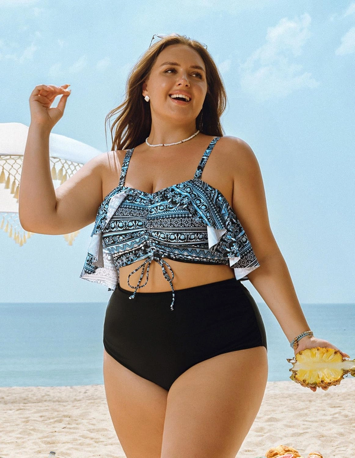 Hanna Nikole Plus-Size-Bikini Curvy Women Ruffle Drawstring Swimsuit 2 Piece Bathing Suit Ruched High Waisted Beach Vacation