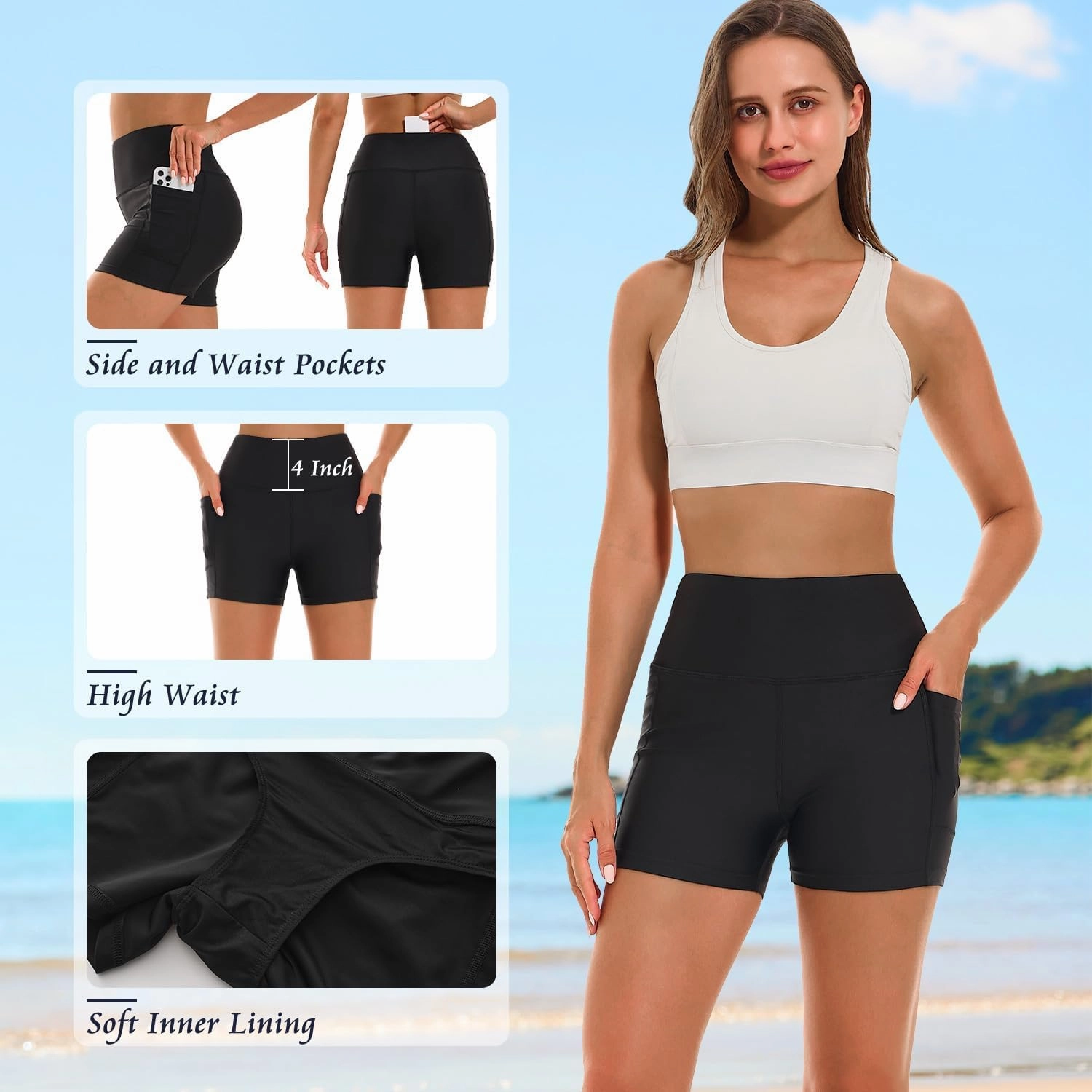 HODOSPORTS Women's 3''/5''/7''/9'' Swim Shorts UPF 50  High Waisted Board Shorts with Pockets Liner Quick Dry Swimsuit Bottom