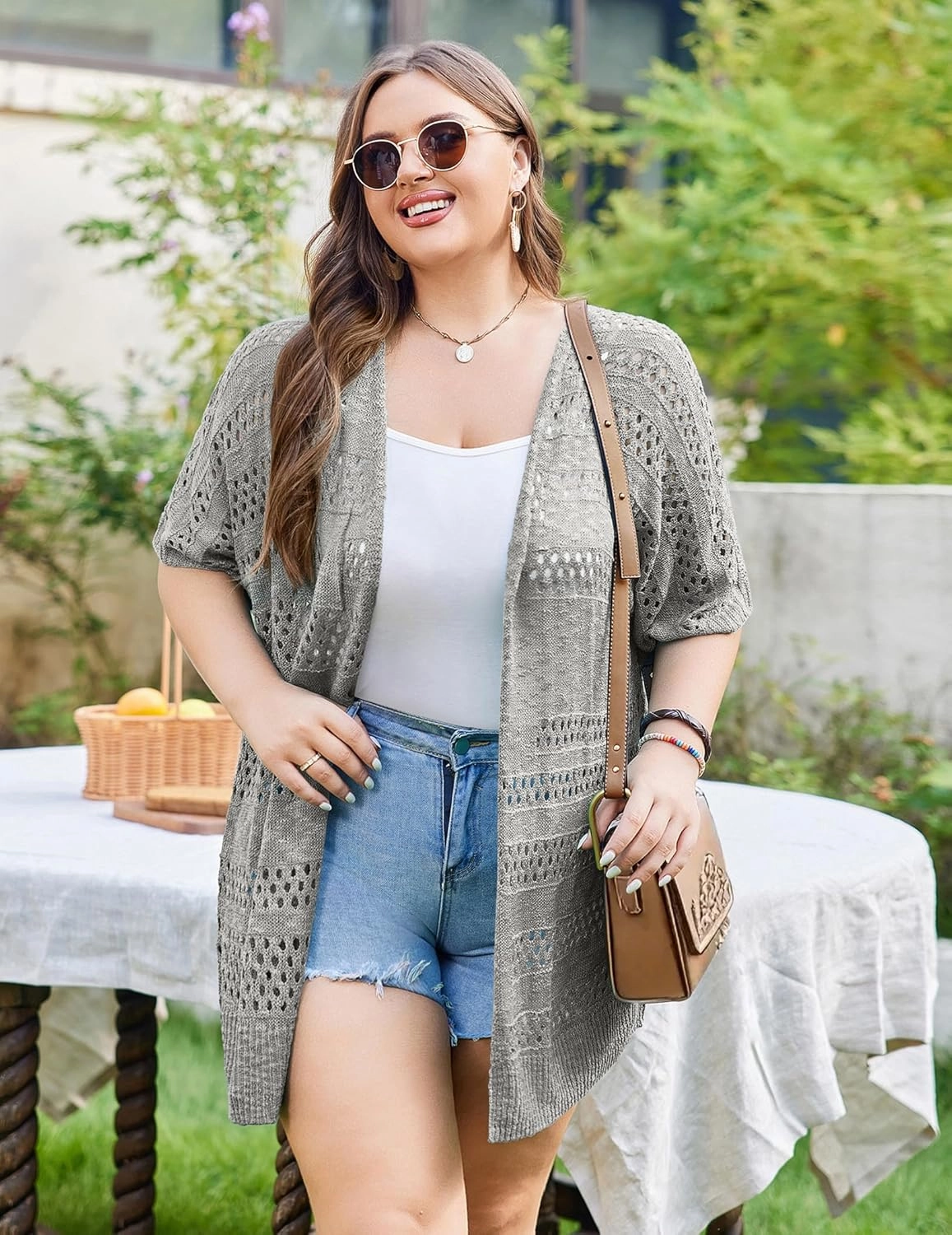 IN'VOLAND Plus Size Lightweight Crochet Cardigan for Women Short Sleeve Summer Kimonos Boho Open Front Knitted Cardigans