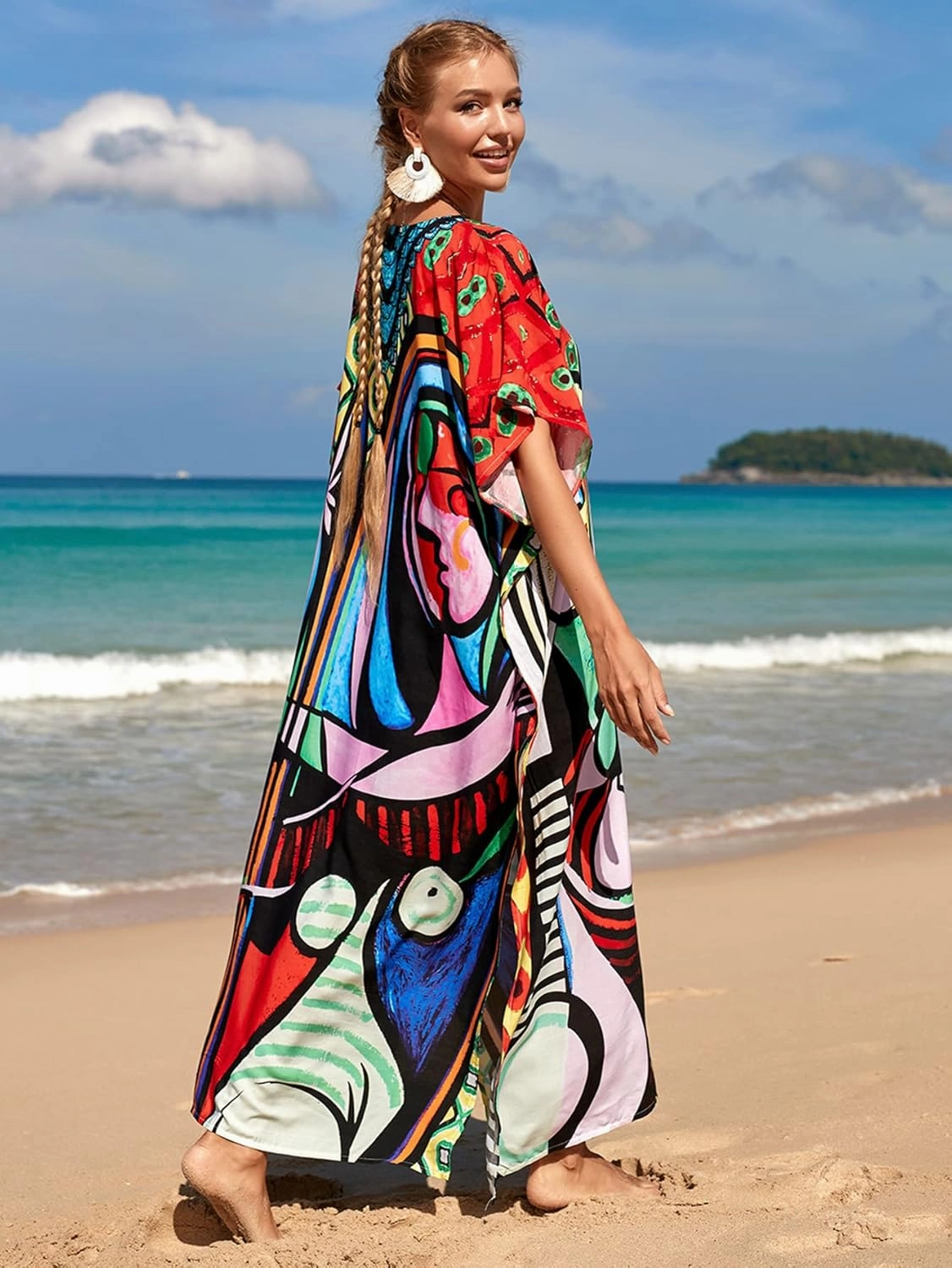 Kaftan Dresses for Women Plus Size Lightweight Swimsuit Cover up Batwing Sleeve Print Loungewear Beach Robe