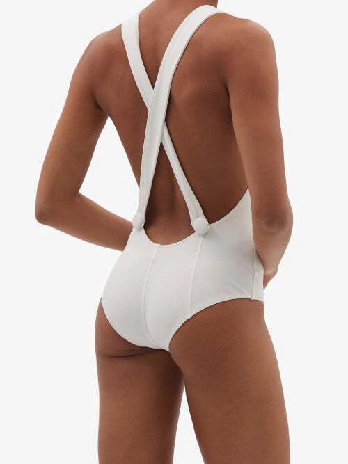 LISA MARIE FERNANDEZ White Criss Cross Back Button Detail Swimsuit