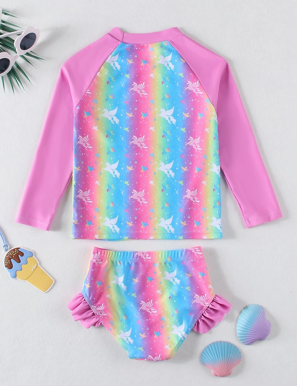 Little Girls Swimsuit Rash Guard Set Toddler Girl Long Sleeve Two Piece Bathing Suit with Ruffle Bikini Bottoms Swimwear