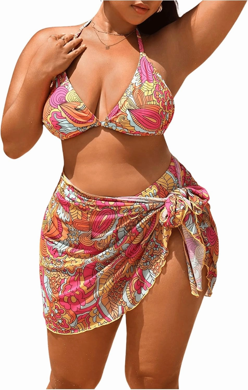 MakeMeChic Women's Plus Size Bikini Sets Tropical Print Halter High Cut Swimsuit Bathing Suit