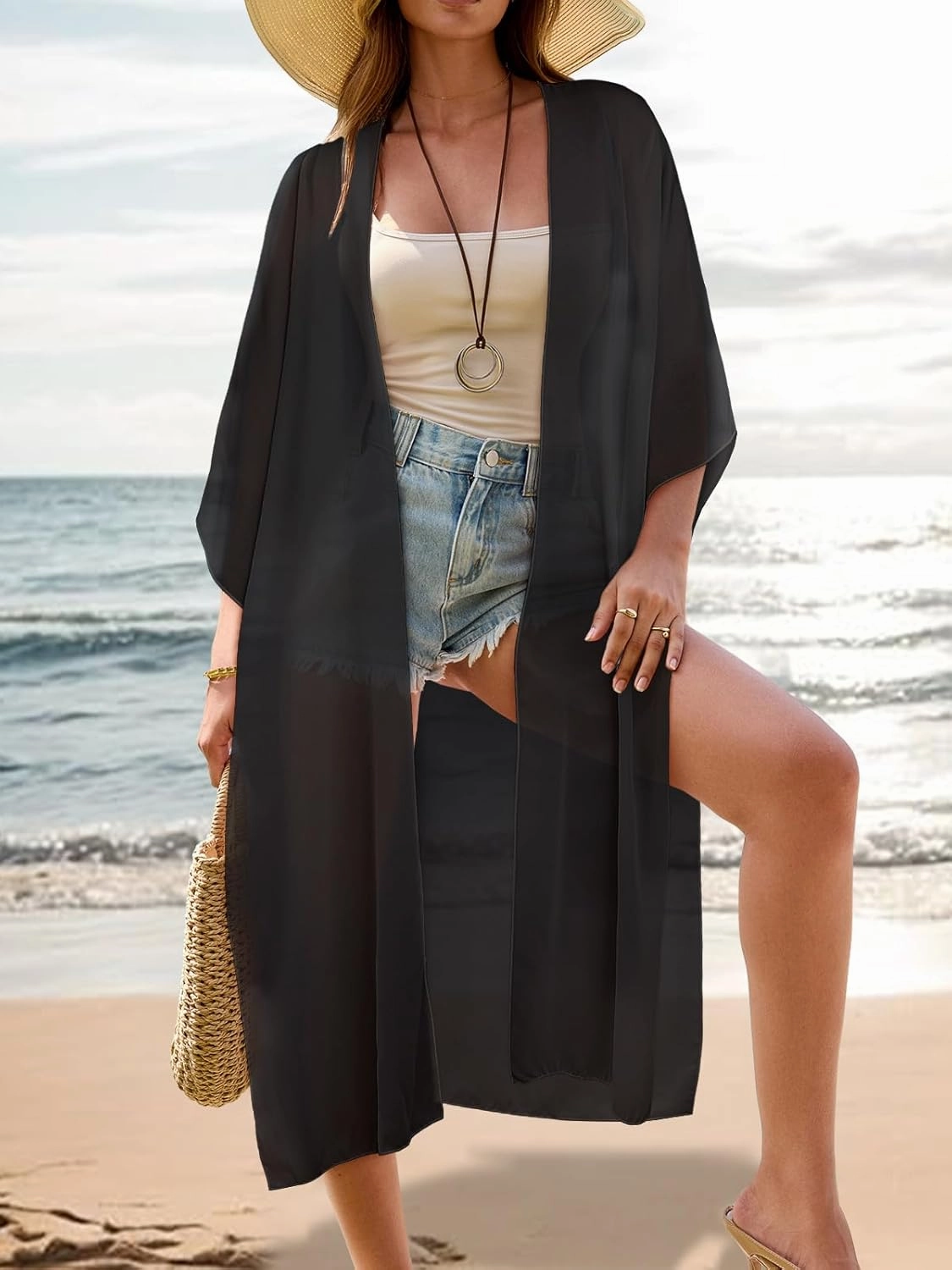 MayBuy Women's Summer Long Flowy Kimono Cardigans Boho Chiffon Beach Cover Up Tops