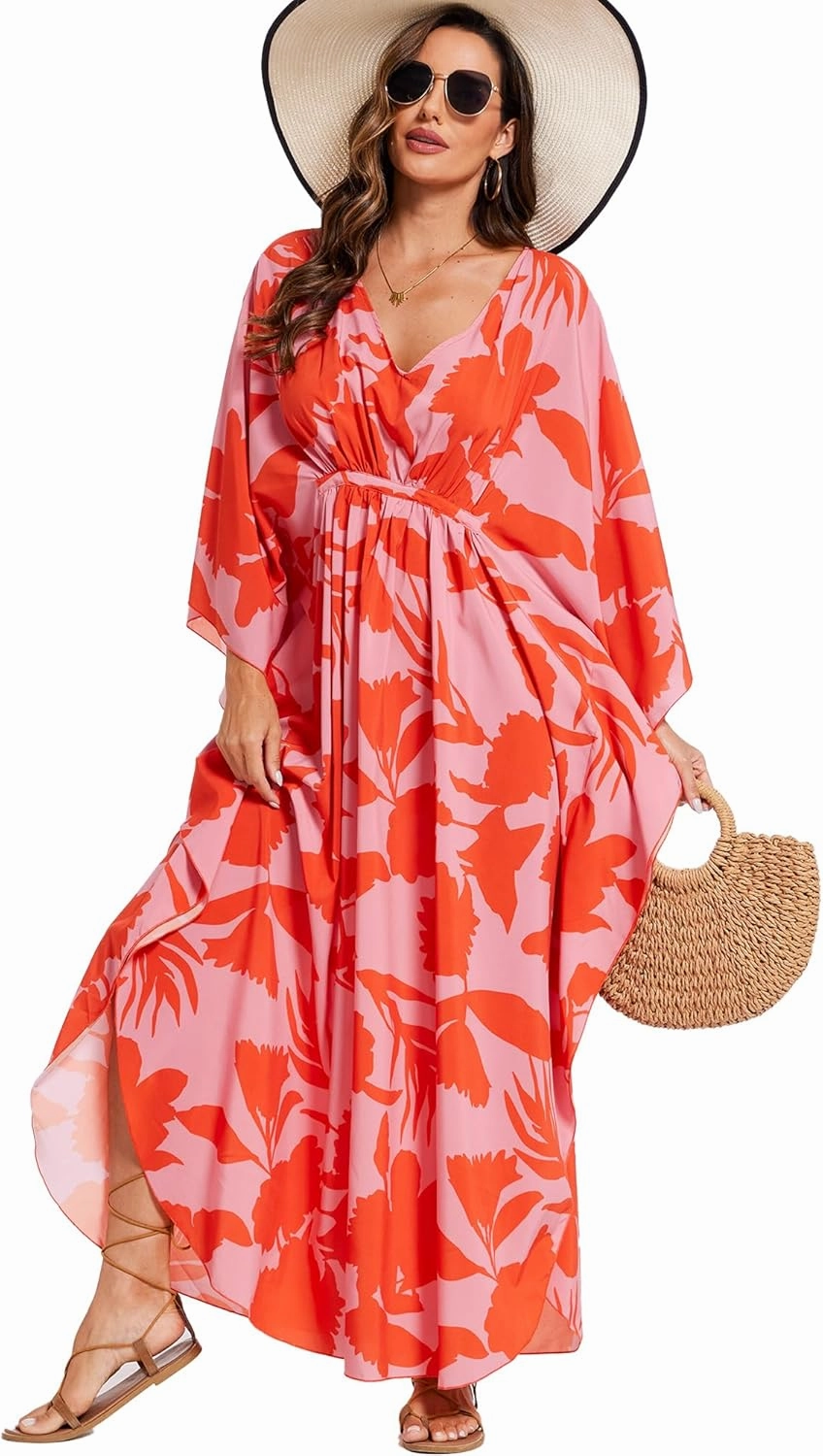 Moss Rose Kaftan Dresses for Women V Neck Summer Swimsuit Cover up Caftan Plus Size Maxi Beach Dresses