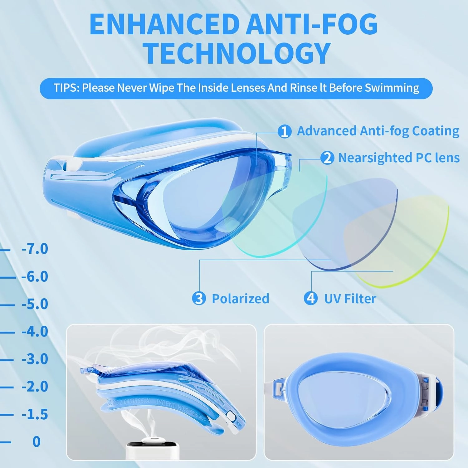 Nearsighted Swim Goggles, Anti-Fog, Dual Strap, Auto Buckle, Short Sighted Swimming Goggles for Men Women Adult Junior