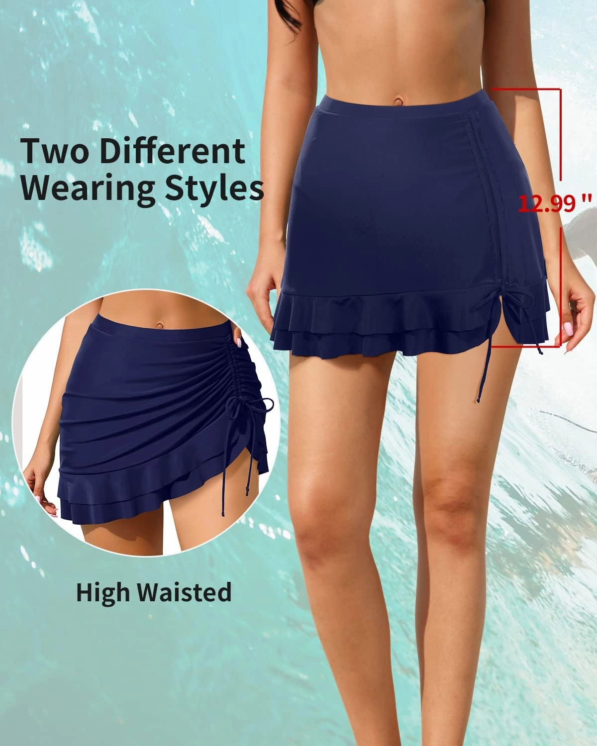Pinup Fashion High Waisted Swim Skirt - Women Drawstring Ruched Bathing Suit Bottoms with Built-in Brief