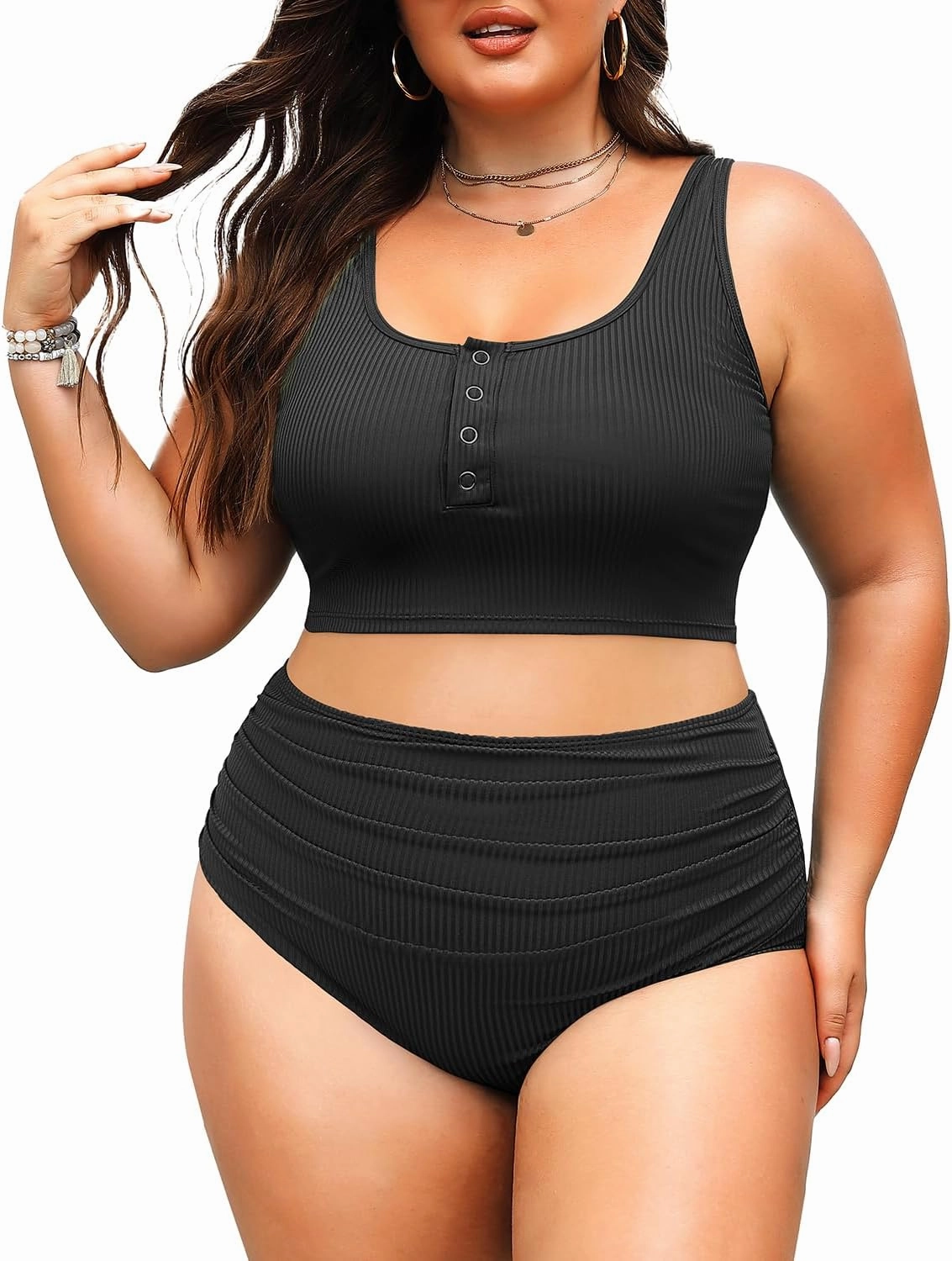 Plus Size 2 Piece Swimsuit - Womens High Waisted Bikini Tummy Control Bathing Suit Ribbed 2025 Swimwear