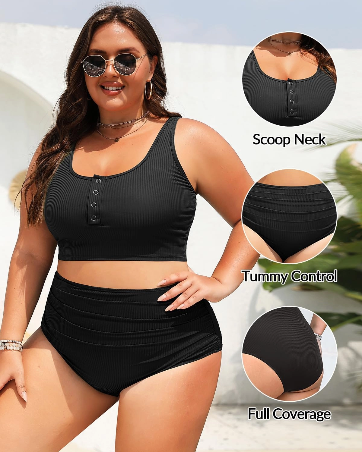 Plus Size 2 Piece Swimsuit - Womens High Waisted Bikini Tummy Control Bathing Suit Ribbed 2025 Swimwear