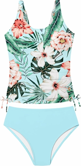 Qaoerde Girls Swimsuit Two Piece Girls Tankini Swimsuit Drawstring Printed Bathing Suit Ruched Swimwear Set 9-16 Years