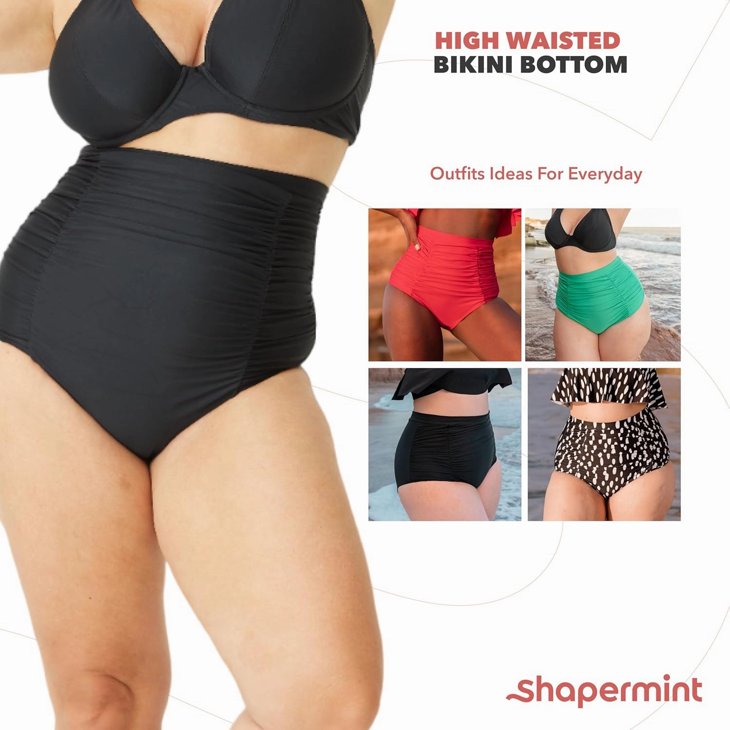 SHAPERMINT Women Ruched High Waisted Bikini Bottom Swimsuit, Tummy Control Full Coverage Swimwear, Small to Plus Size
