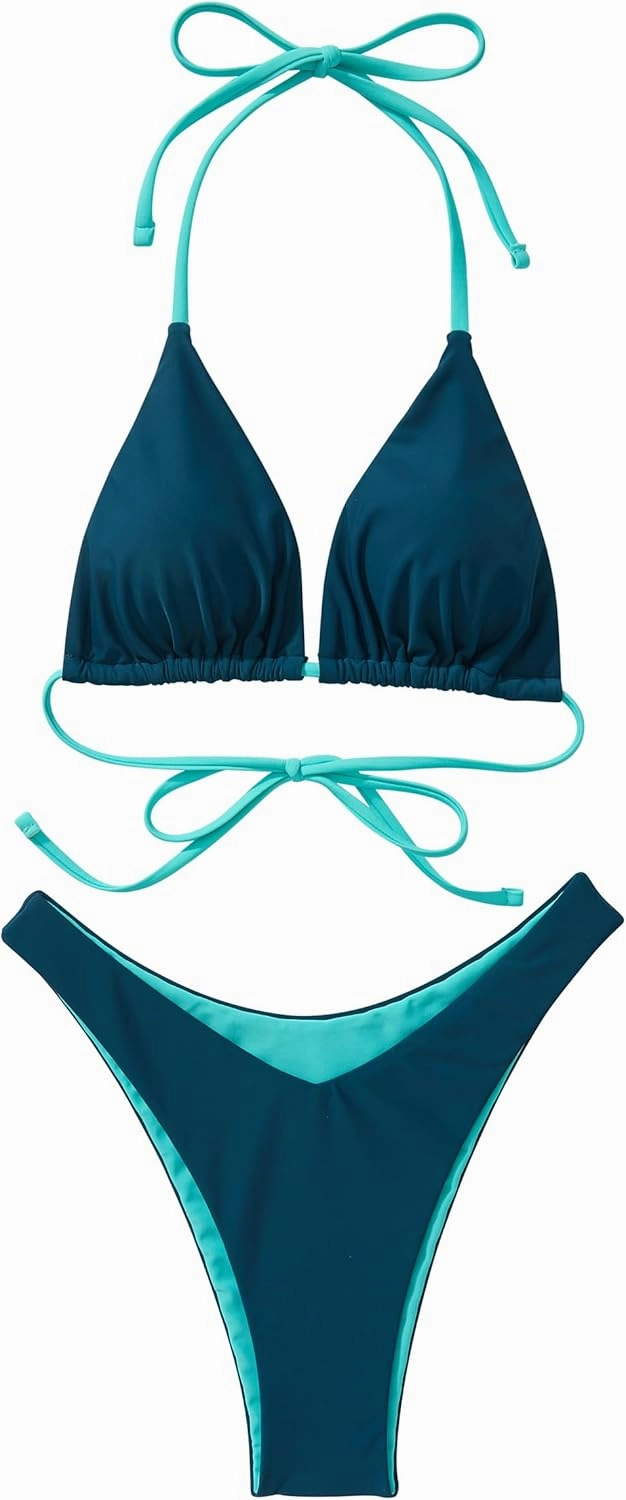 SUUKSESS Women Halter String Two Piece Bikini Sets Reversible Thong Swimsuit