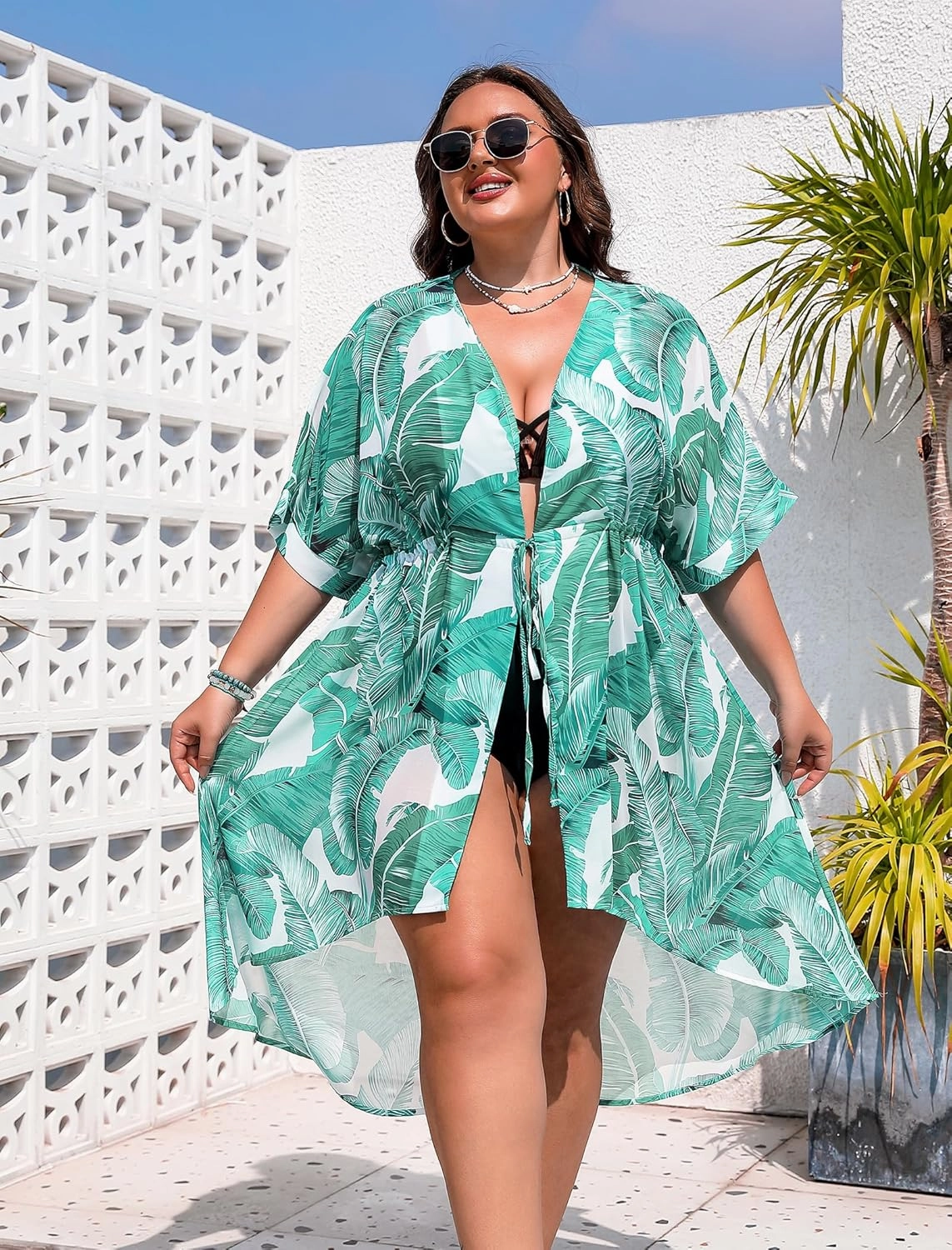 SWOMOG Women Cover Ups Plus Size Swimsuit Chiffon Kimono Long Cardigan Open Front Bathing Suit Summer Flowy Bikini Beachwear