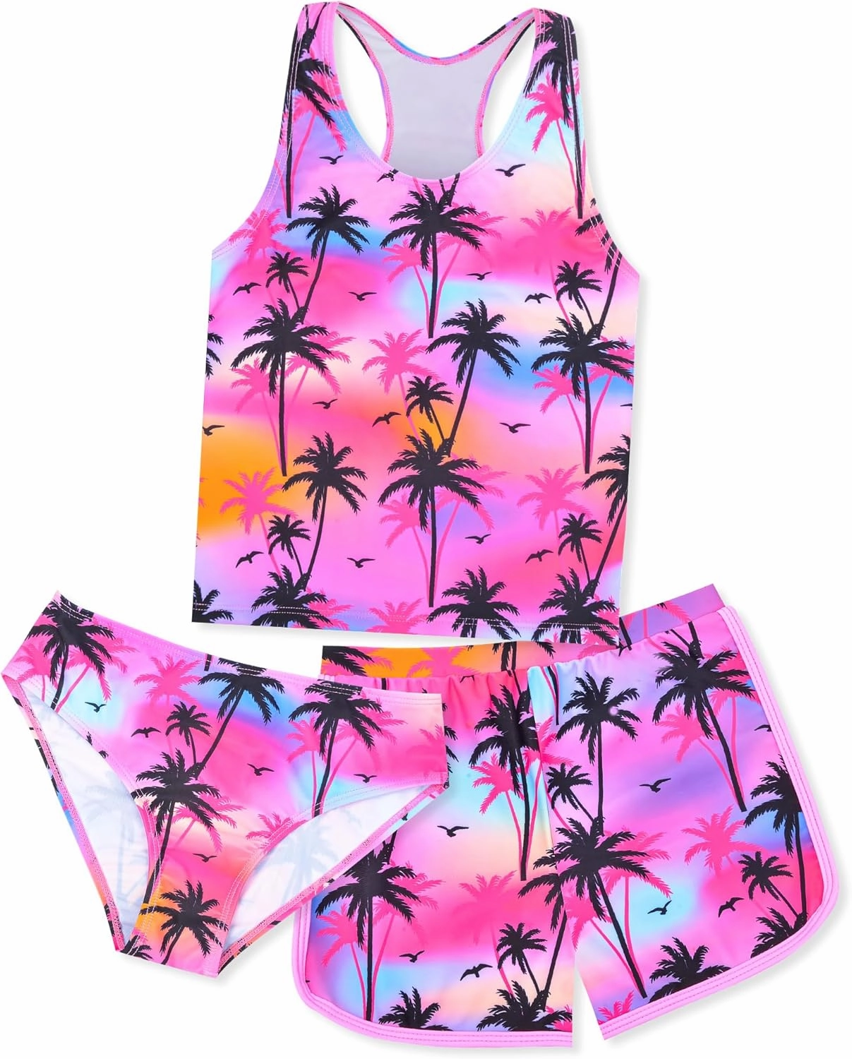 Sylfairy Girls 3 Piece Bathing Suit Summer UPF 50  Racerback Swimsuit with Shorts Beach Tankini Sets 8-15 Years