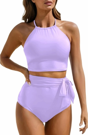 Tempt Me Women High Waisted Bikini Sets Two Piece Swimsuit High Neck Tummy Control Bathing Suits with Tie Side Knot Bottom