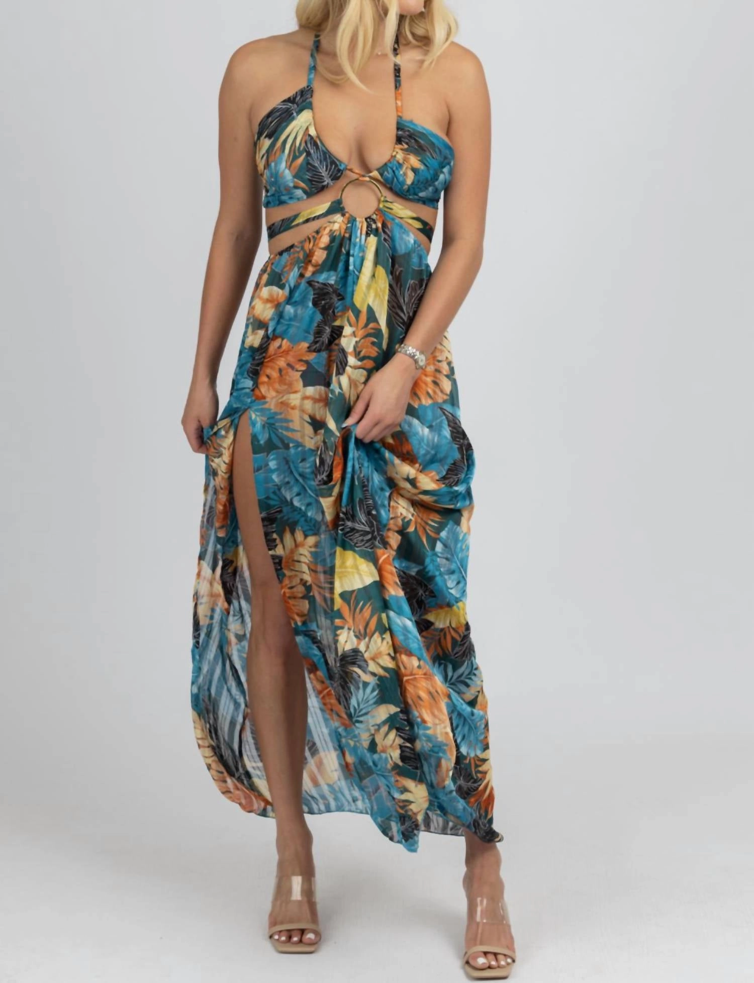 Tropical High Slit Maxi Cover Up In Teal