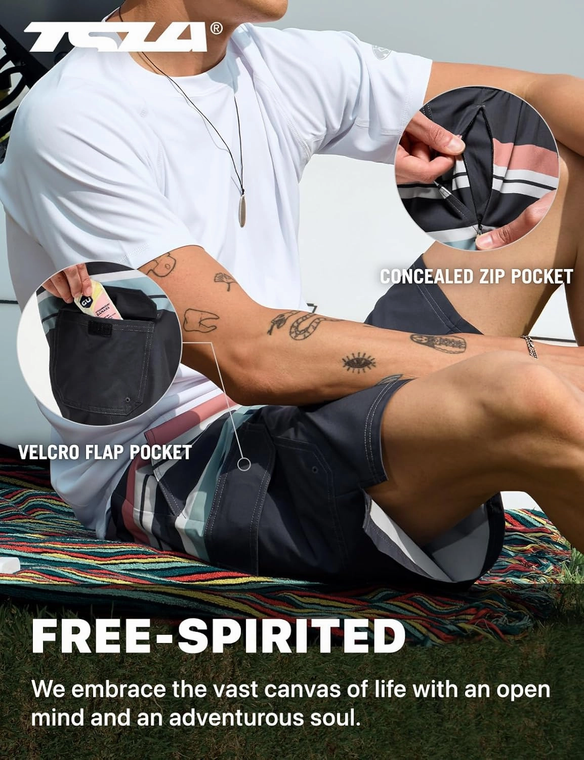 TSLA Men's Swim Trunks, Quick Dry Swimming Beach Board Shorts, Lightweight Swimwear Bathing Suits with Pockets